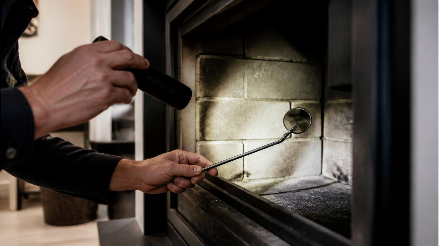Inspection visuelle de l'intérieur d'un conduit de cheminée avec une lampe et une caméra
