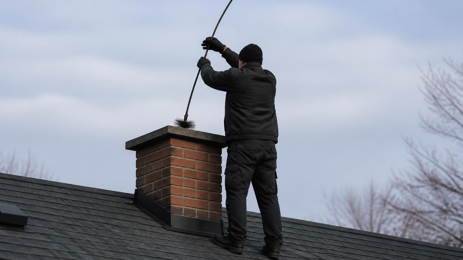 Brosse de ramonage introduite dans le conduit d'une cheminée en brique sur un toit résidentiel